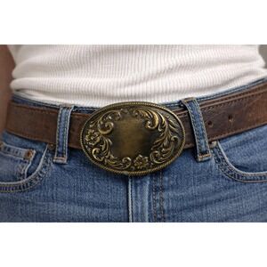 Vintage Floral Scroll Oval Belt Buckle Antique Brass Western Boho Flowers